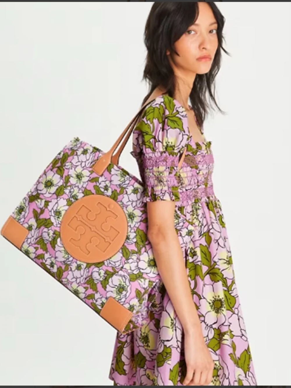Tory Burch Pink Floral Tote with Tan Leather Trim